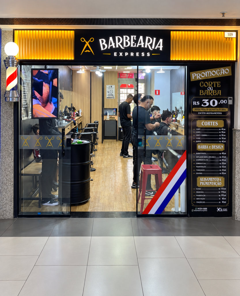 Fachada atualizada da A Barbearia Express no Shopping Light, em São Paulo